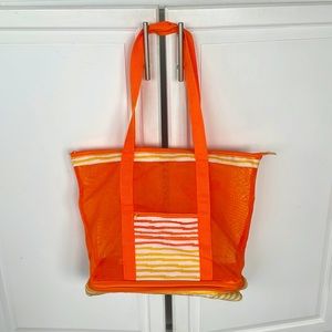 Orange and Yellow Mesh Tote (with backpack carrying option) and cooler.